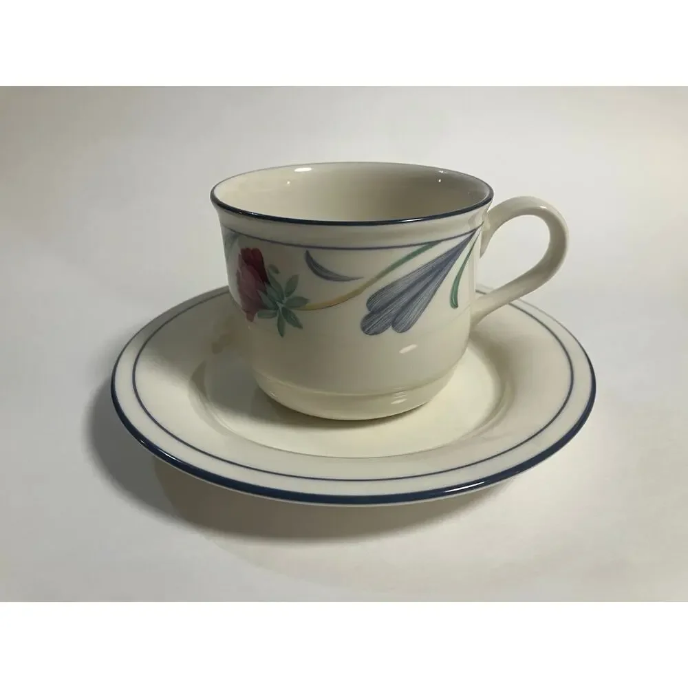 Lenox Poppies on Blue Flat Cup & Saucer Set Floral Blue Discontinued USA/France